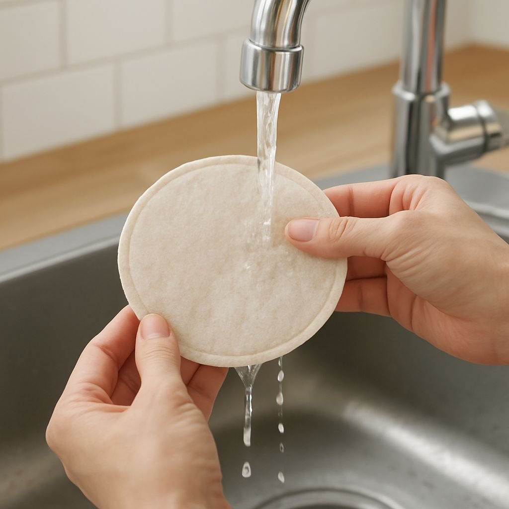 Rinsing a felt coffee filter under running water