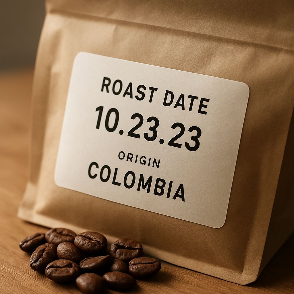 Coffee bag label showing roast date and origin for cold brew beans