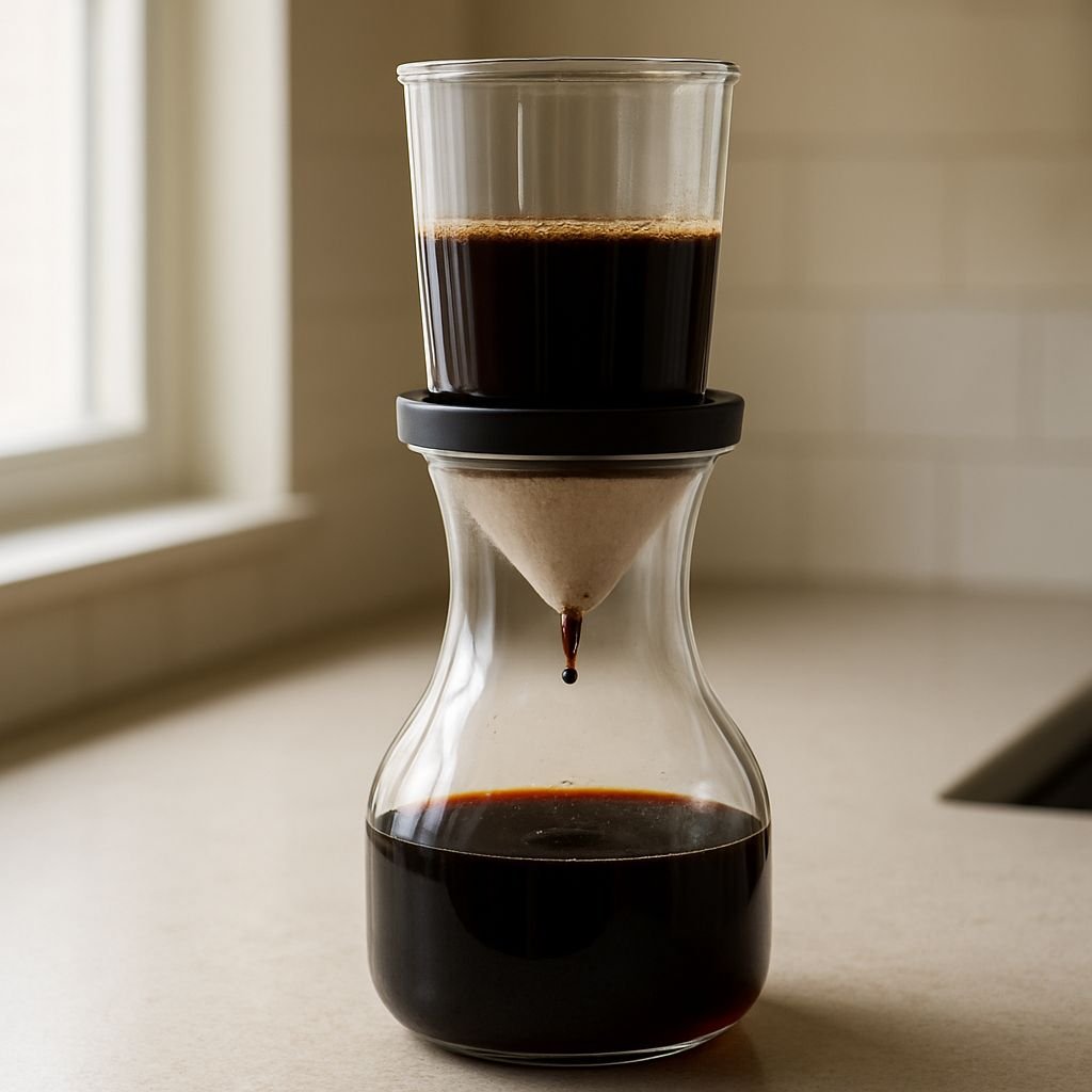 Cold brew concentrate dripping through a felt filter into a decanter