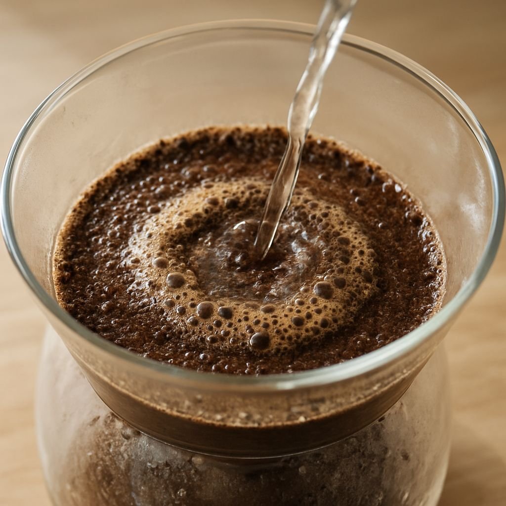 Pouring cold water over coffee grounds in a circular motion