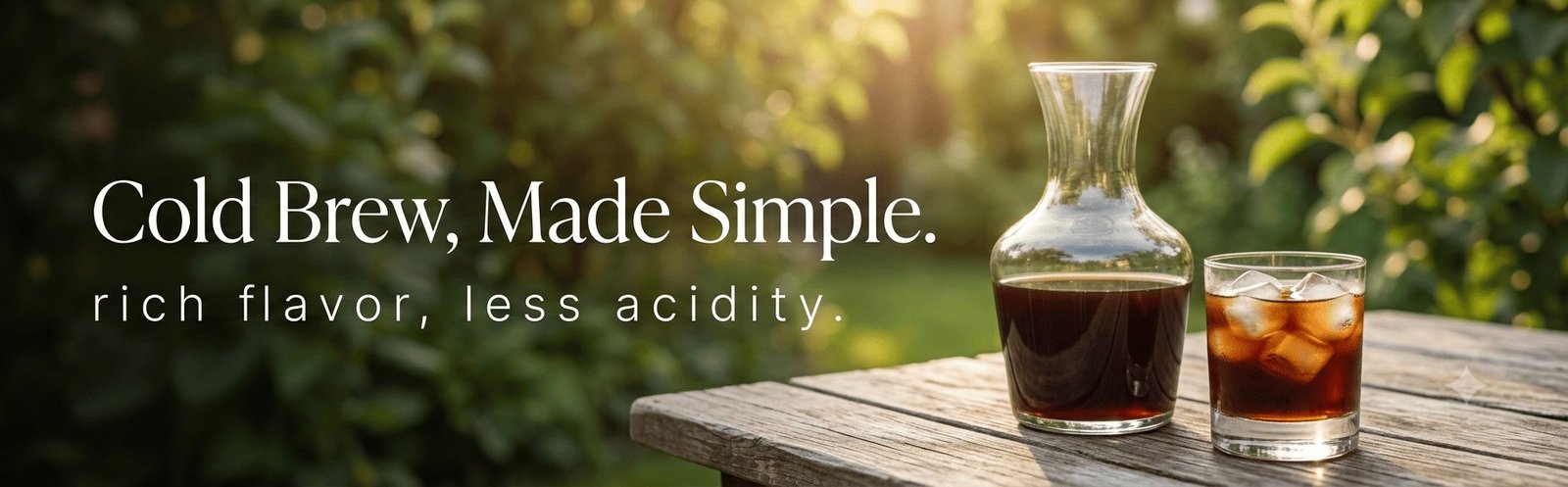 Glass carafe of cold brew concentrate and a glass of iced coffee on a wooden table with green garden background