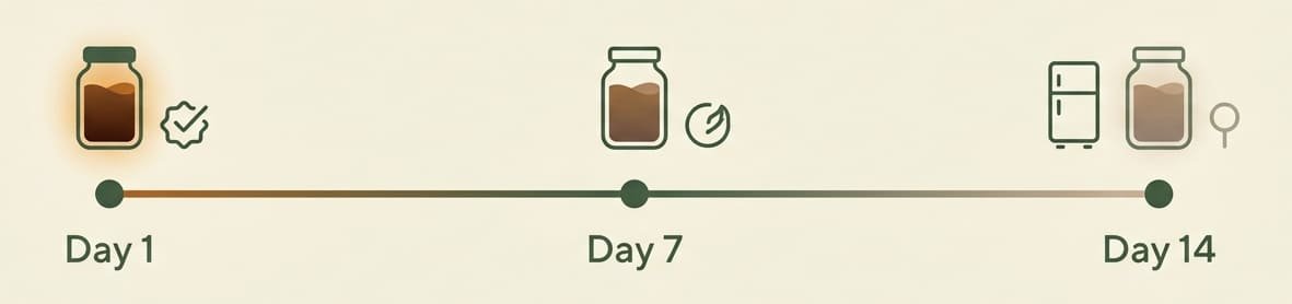 Cold brew concentrate freshness timeline showing quality from day 1 to day 14 when refrigerated