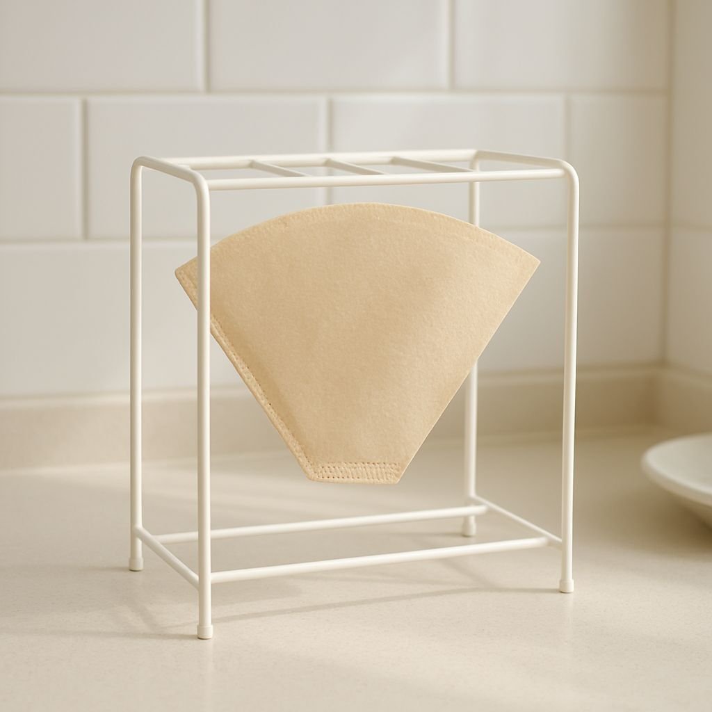 A clean felt coffee filter drying on a rack