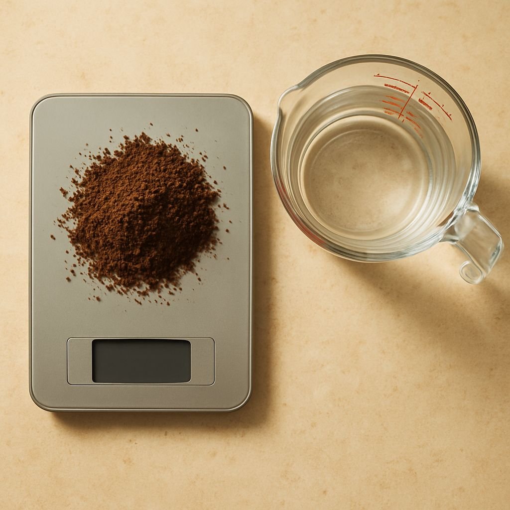 Kitchen scale measuring coffee grounds for cold brew ratio