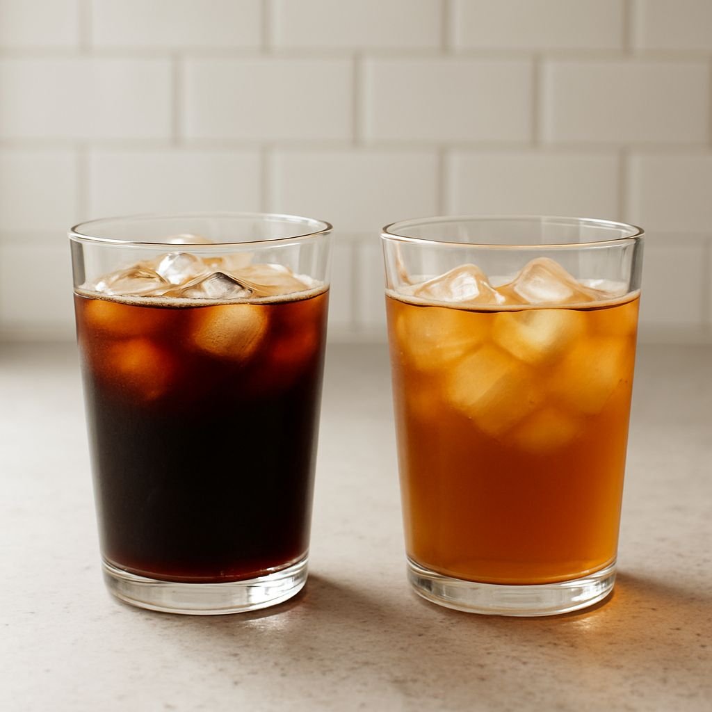 Two glasses of cold brew showing different concentration strengths