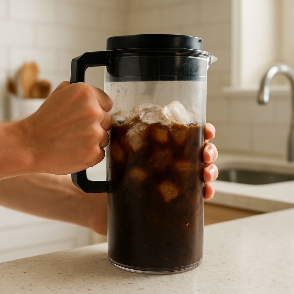 Shaking a cold brew pitcher, Takeya-style steep-and-strain method