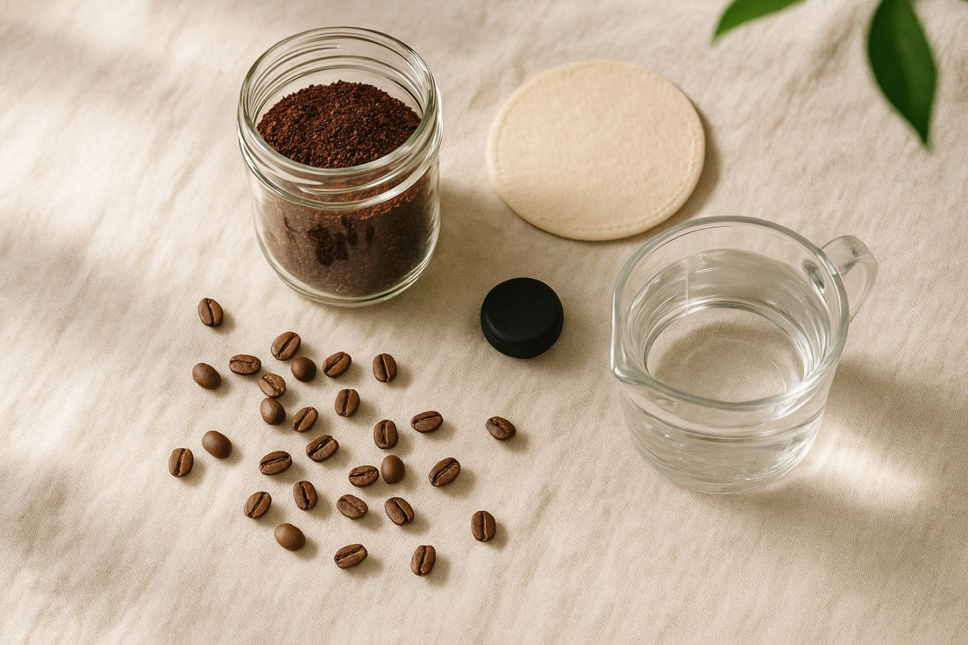 Cold brew ingredients flat lay: coarse ground coffee, felt filter, rubber stopper, and water