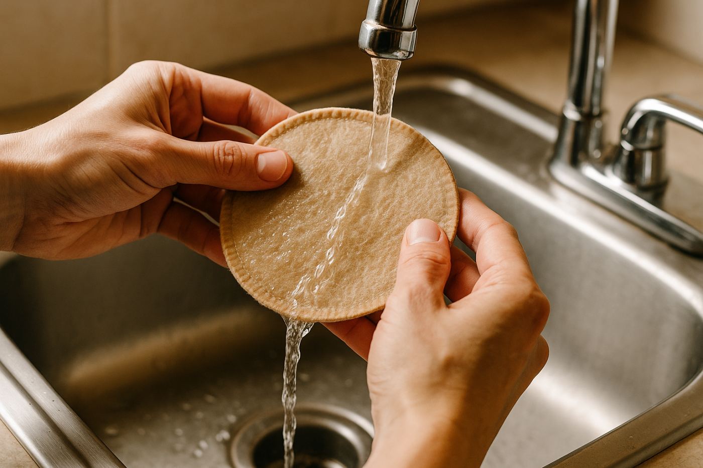 Rinsing a Toddy felt filter under running water