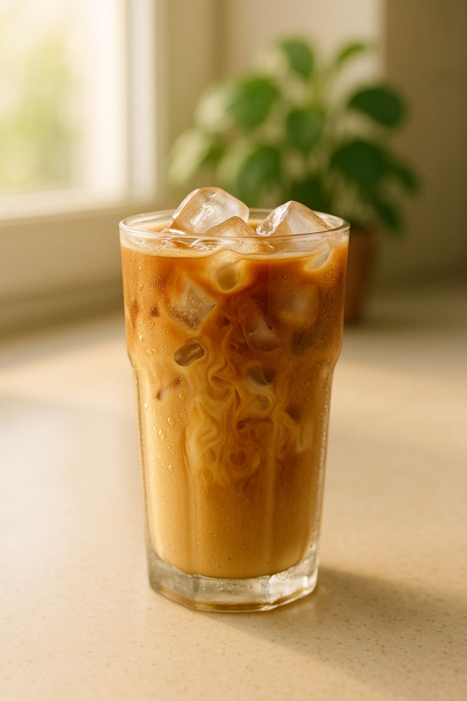 Iced cold brew latte served in a tall glass with ice