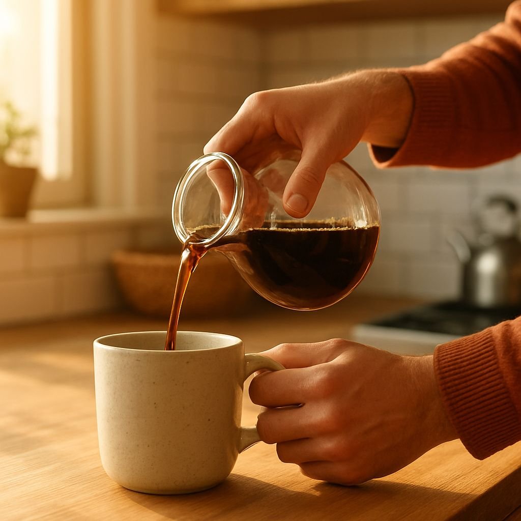 Pouring cold brew concentrate into a mug at home