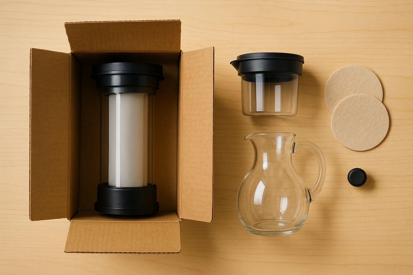 Toddy Cold Brew System unboxed: brewing container, glass decanter, felt filters, and rubber stopper laid out