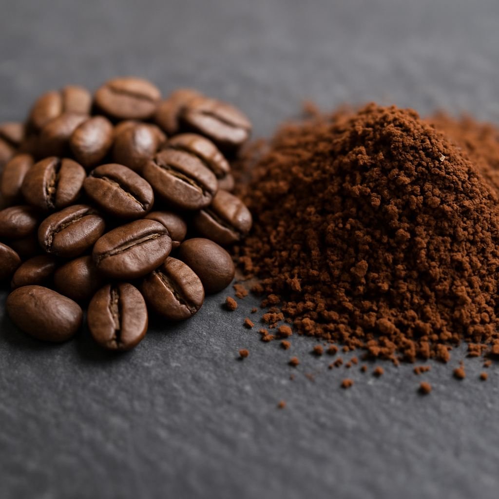 Whole coffee beans next to coarsely ground coffee for cold brew